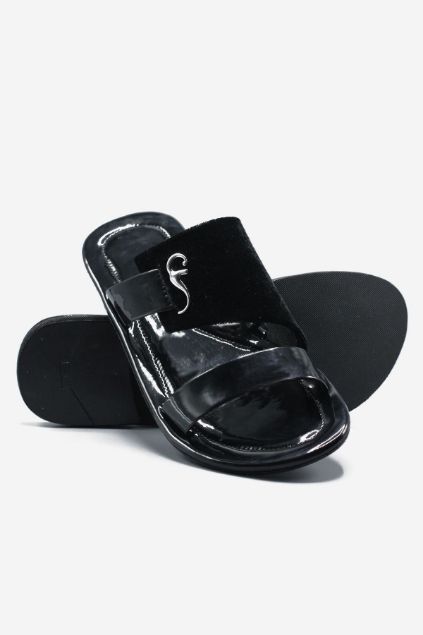 Footprint - Black Casual Leather Velvet Slippers
